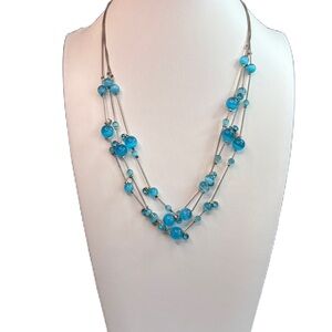 Handmade Silver and  Blue Multi-Strand Necklace with Asymmetrical Beads